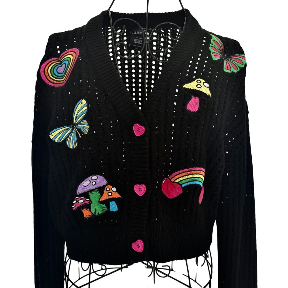 Social Collision Embroidered Crochet Mushroom Heart Cardigan Goth Indie Eclectic